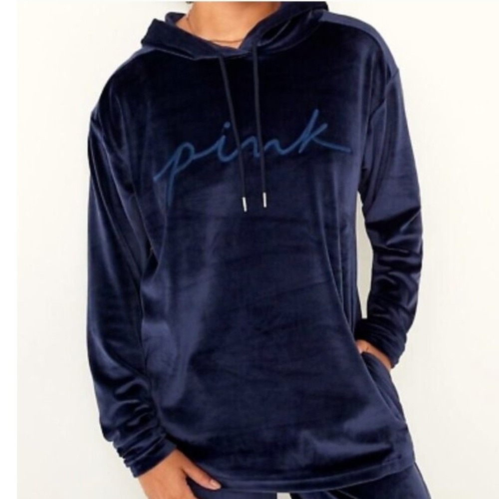 PINK Victorias Secret Velour Velvet Sweatsuit Hoodie & SweatPants Navy XXL Y2K